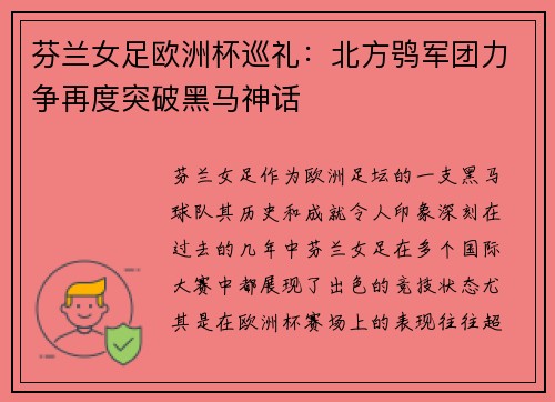 芬兰女足欧洲杯巡礼：北方鸮军团力争再度突破黑马神话