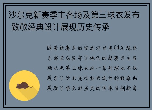 沙尔克新赛季主客场及第三球衣发布 致敬经典设计展现历史传承
