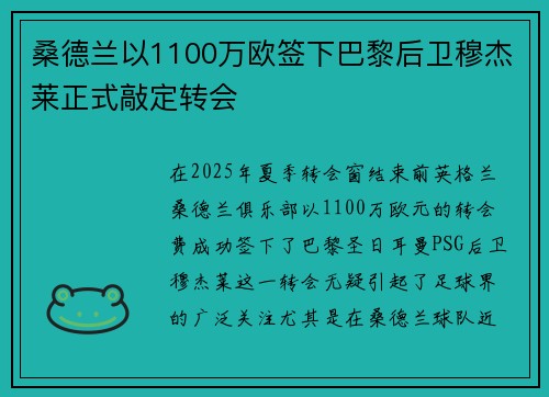 桑德兰以1100万欧签下巴黎后卫穆杰莱正式敲定转会
