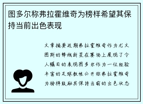 图多尔称弗拉霍维奇为榜样希望其保持当前出色表现