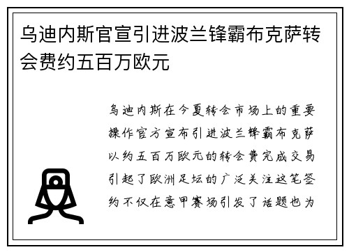乌迪内斯官宣引进波兰锋霸布克萨转会费约五百万欧元