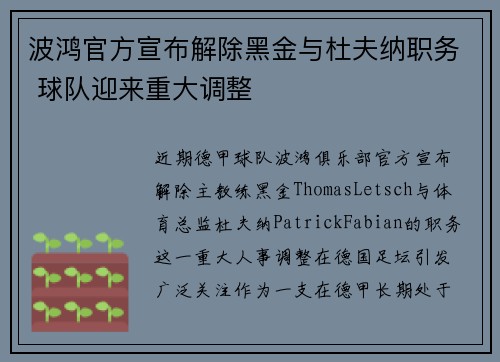 波鸿官方宣布解除黑金与杜夫纳职务 球队迎来重大调整