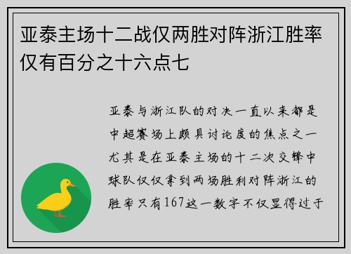 亚泰主场十二战仅两胜对阵浙江胜率仅有百分之十六点七